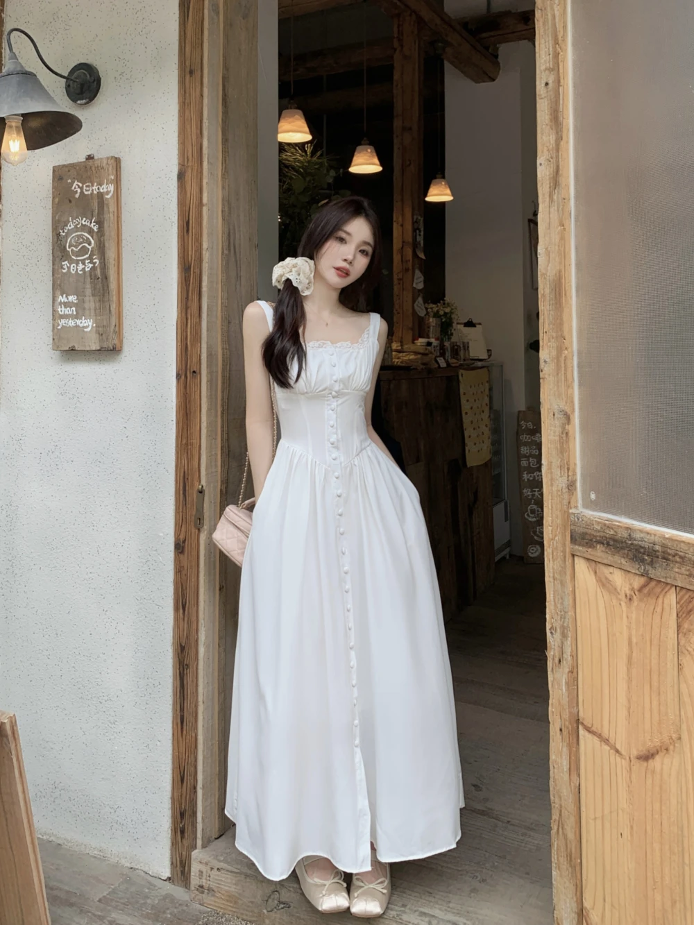 

Summer new women's clothing, first love tea break temperament lace suspender dress with waistband pleats A-line fairy long dress