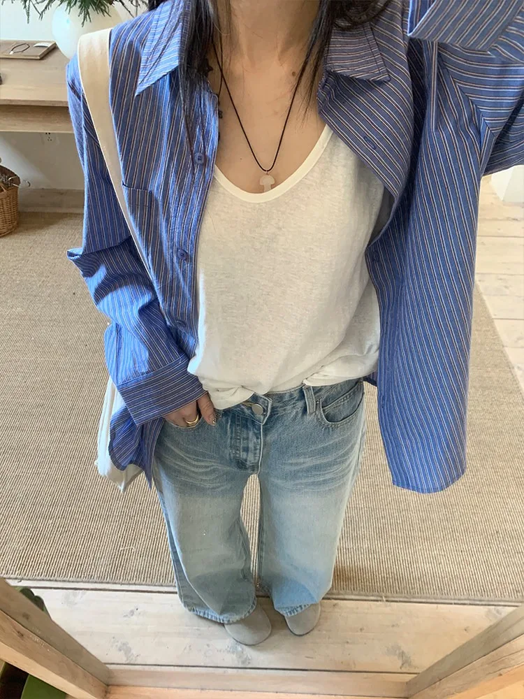 

Ladies' Vintage Striped irt Spring 2026 Loose Fit Long Sve Casual Sle Polyester Fiber Commute Faion Ciwalk