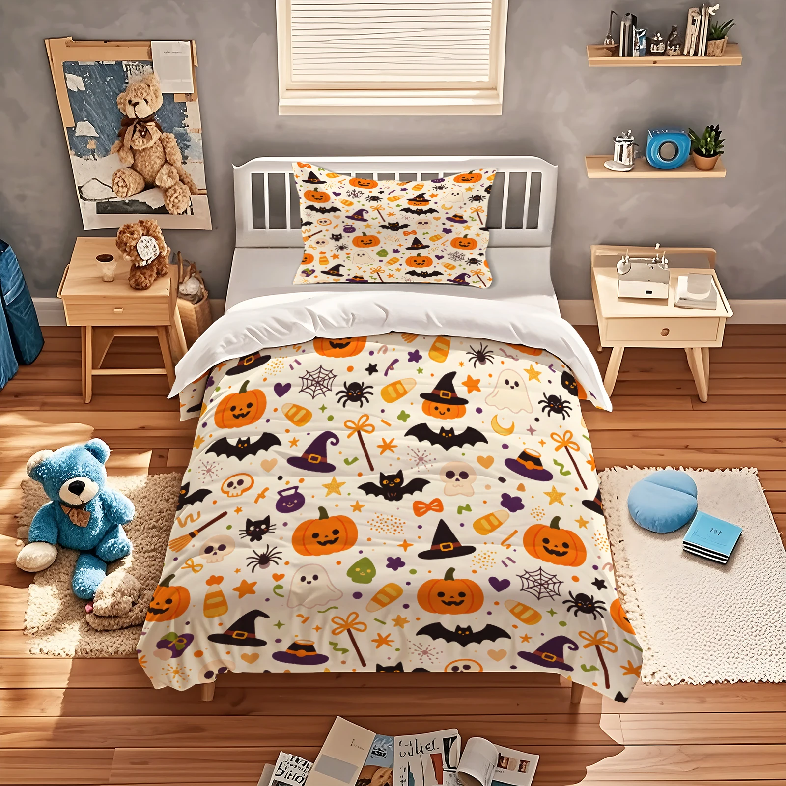 Halloween Duvet Cover Set Cute Cartoon Pumpkin Witch Hat Bat Ghost Spider Skull Print Bedding Set Soft Microfiber Quilt Cover