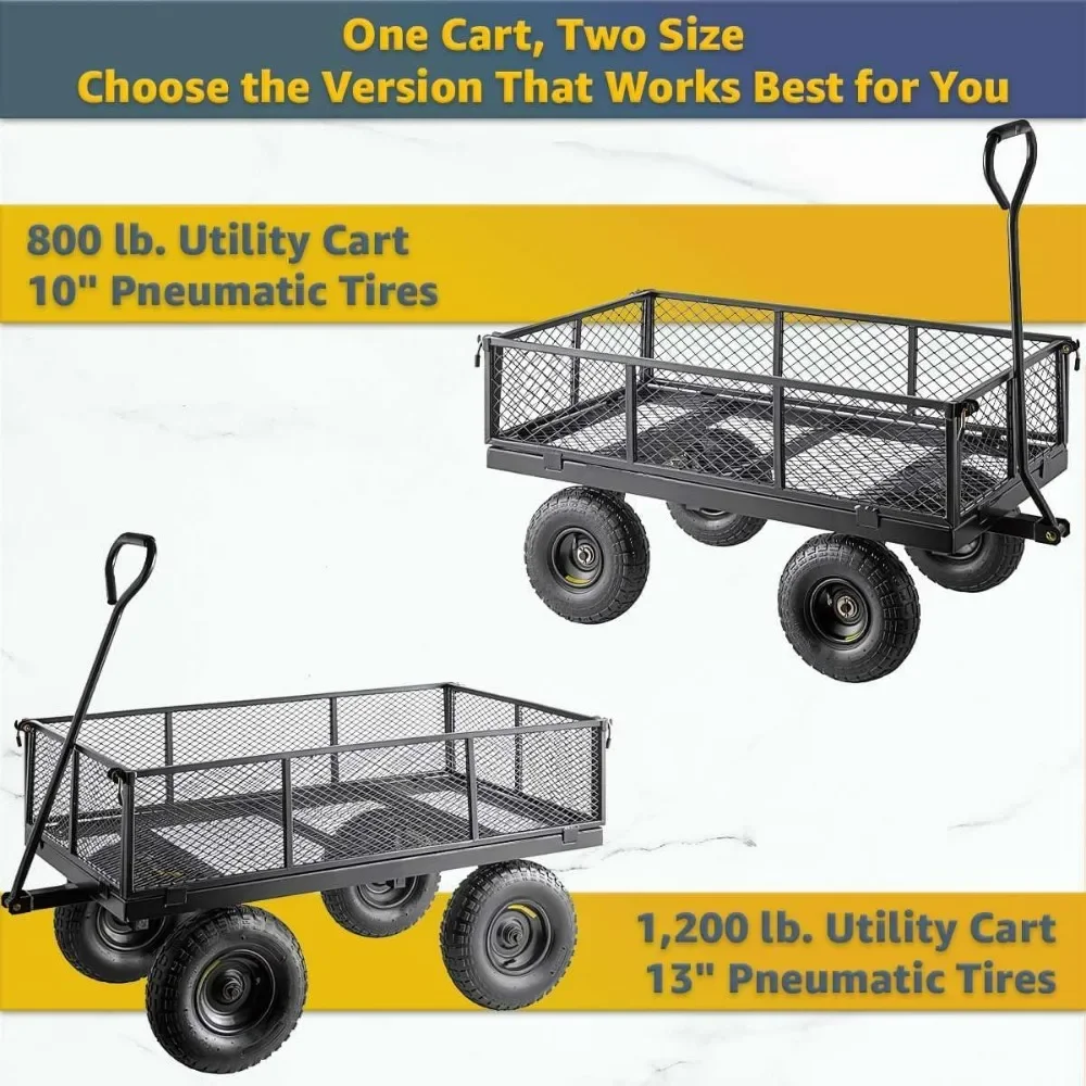 Sturdy 800-Pound Capacity Steel Garden Utility Cart with Black Mesh, Removable Sides, and Flatbed Option, 42.5 x 21 Platform