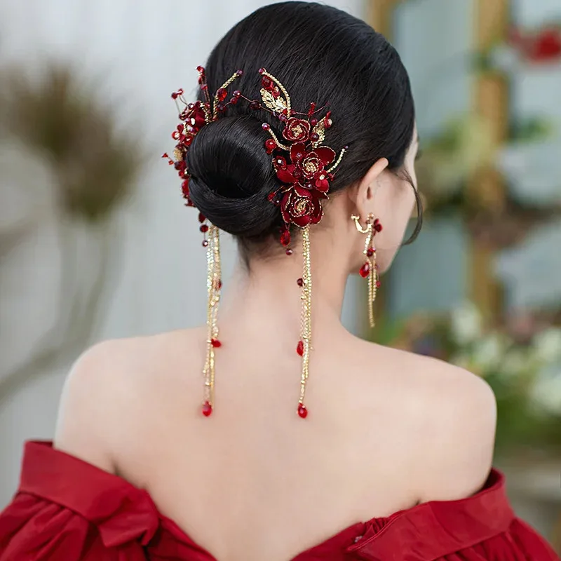 

2pcs Set Red Fairy Tassel Hair Clips Earrings Sets Flower Chinese Wedding Hair Accessories