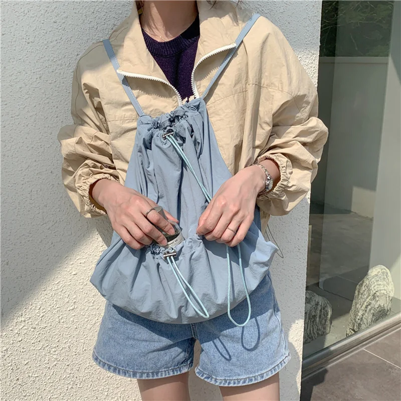2024 New Student Backpack Summer Girls Casual Fashion Drawstring Bag Large Capacity Pleated Street Ladies Nylon Backpack