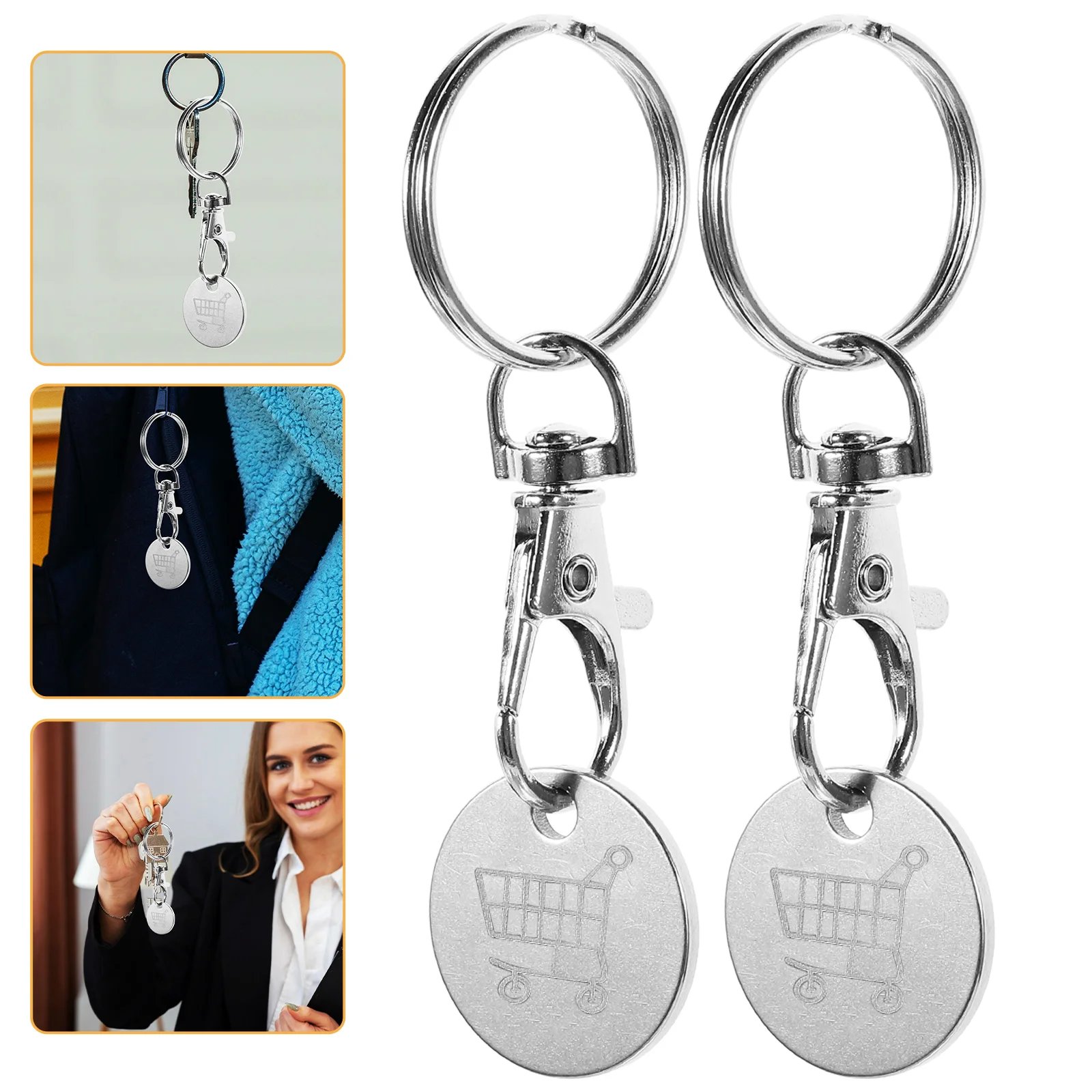 4 Pcs Shopping Tokens Trolley Cart Backpack Stainless Steel Insert Keychain Holder Rings Quarter