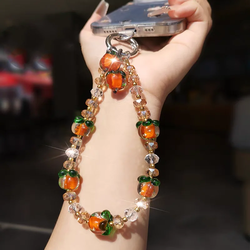 

Luxury Persimmon Crystal Phone Lanyard Clear Beads Hand Chain Wrist Short Lanyard With Clip Mobile Phone Case Keychain Pendant