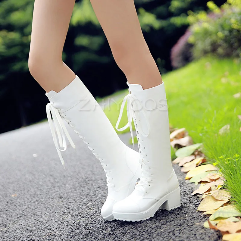 Anime DATE A LIVE Tokisaki Kurumi Cosplay Shoes PU Leather Boots Lace Up High Heels Autumn Woman Shoes Long Boots Black/White