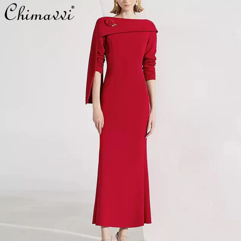 

French Style Elegant Luxury Off Shoulder Long Sleeve Rose Brooch High Waist Red Formal Evening Party Mermaid Long Dress Women