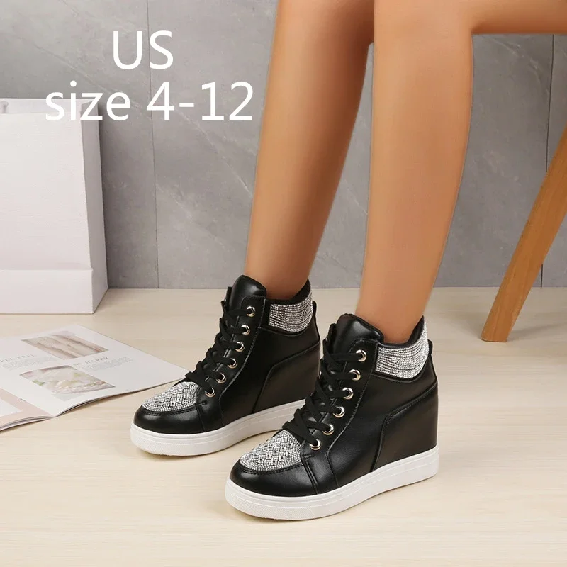 8CM Women's Flats pu White Black Rhinestone High Top Women's Vulcanize Shoes Lace-Up Increase in height Wedge Heels Shoes