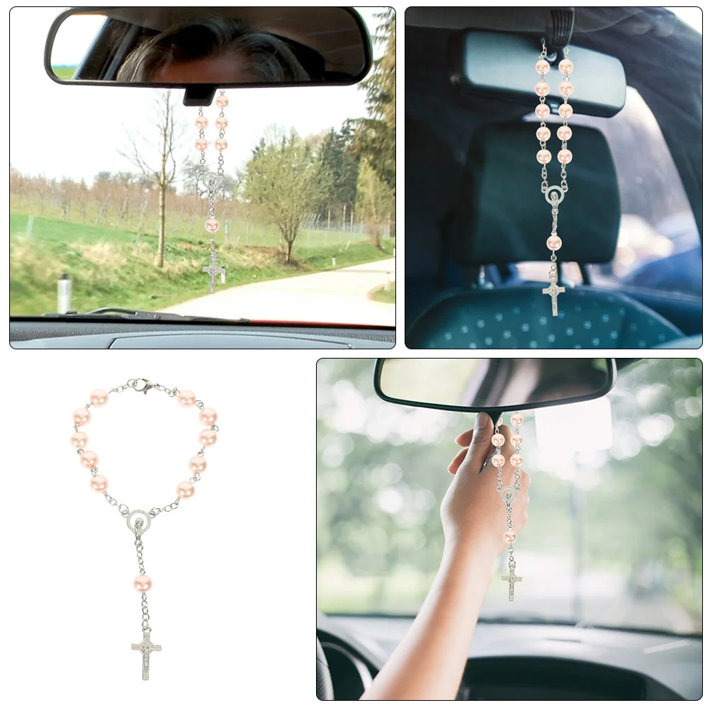 Mirror Decoration Prayer Beads Car Rosary for Rearview Necklace Men Black Mens Crucifix Zinc Alloy Man Auto