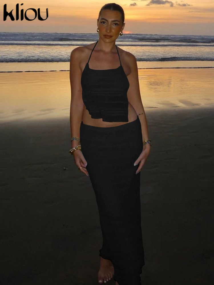 kliou Mesh Shirring Women 2 Piece Set Solid Unique Halter Backless Tanks+Matching Maxi Skirts Female Holiday Beach Outfits New
