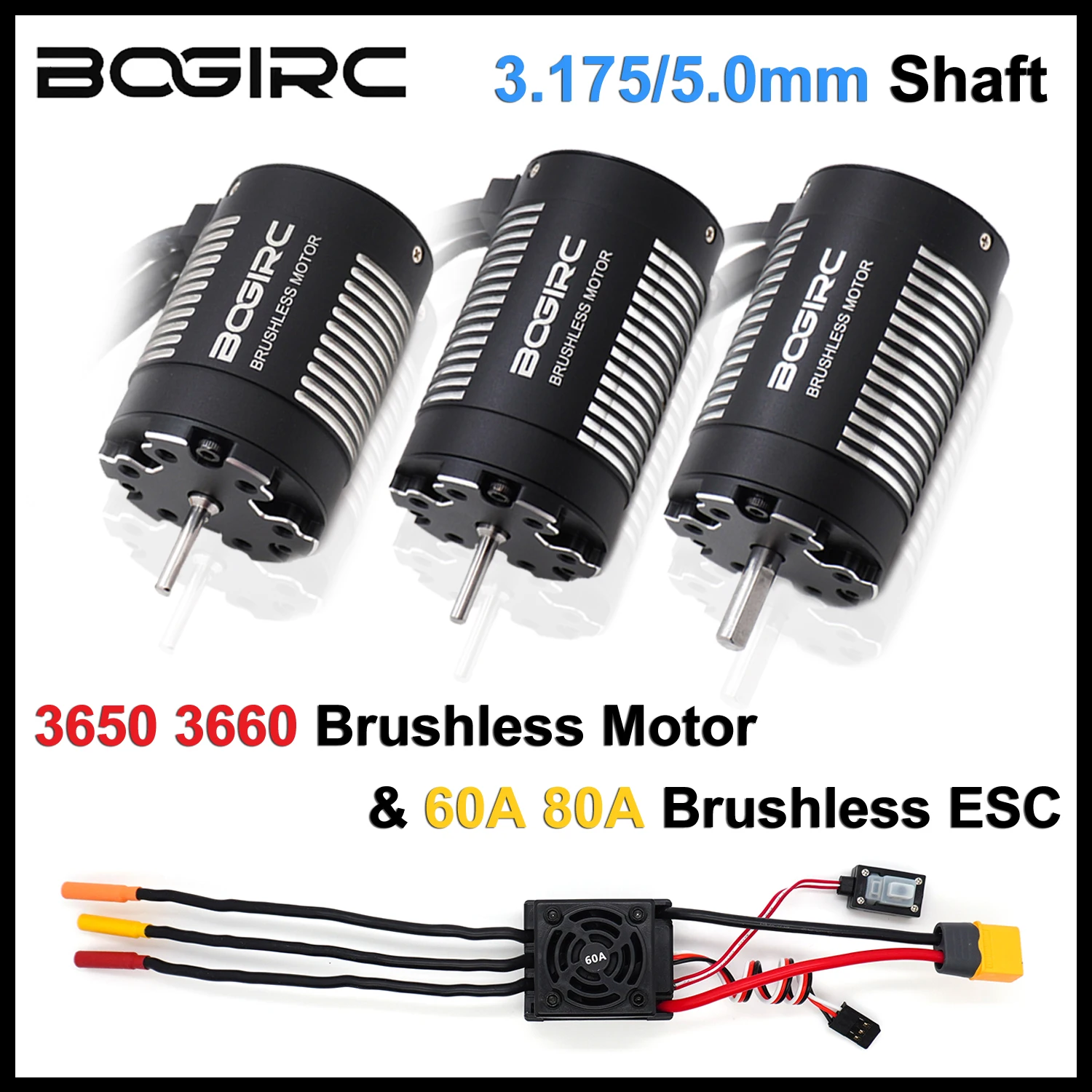 BOGIRC 3650 3660 Motor & 60A 80A ESC Brushless Combo 3.175/5.0mm Shaft with Programming Card for 1/10 WLtoys Traxxas RC Car Part