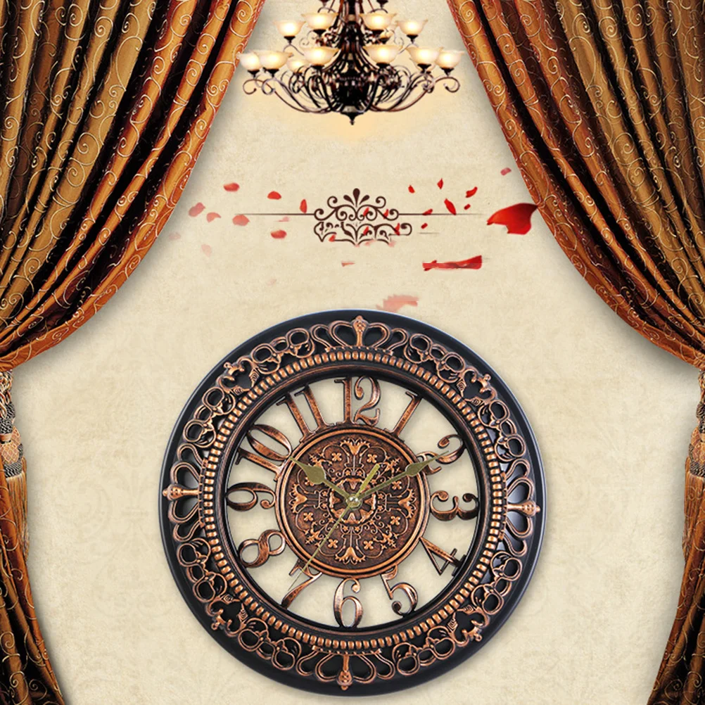 

12-Inch Round Vintage Wall Clock Hollowed-Out Dial Silent Large Decorative Clock for Bedroom Living Room Kitchen Bronze