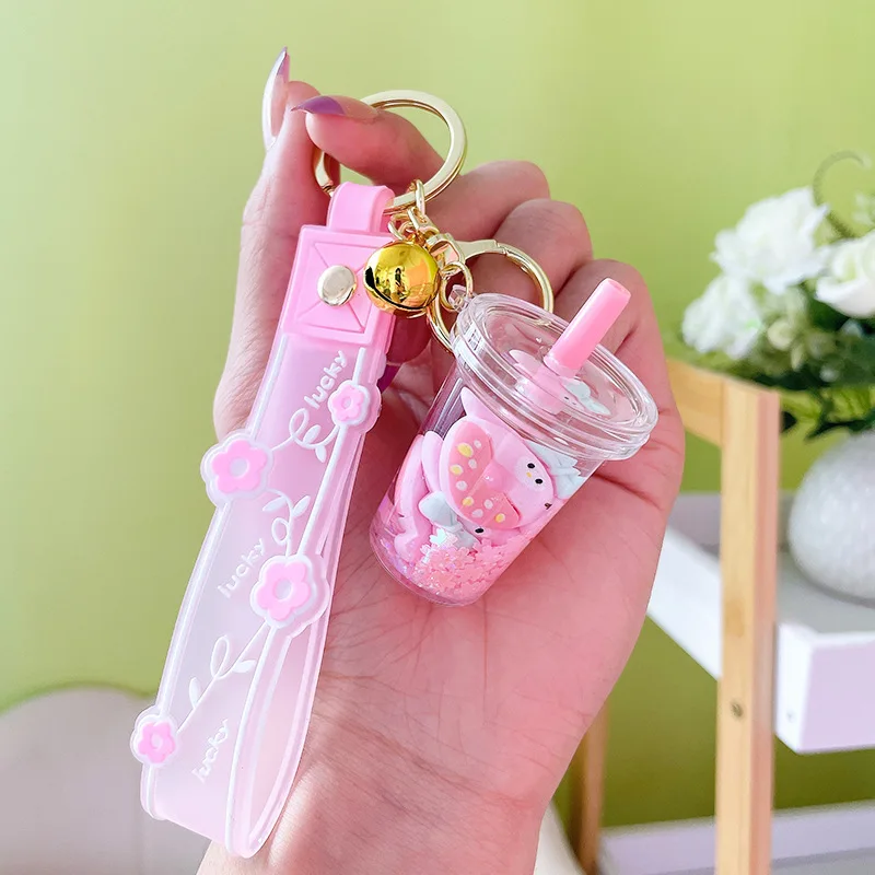Rosa criativo Donut Keychain para mulheres, movediça garrafa chaveiro, copo de chá de leite, acrílico, saco, charme do carro, chaveiro presentes