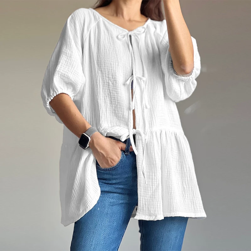 

Fashion100% Cotton Muslin Gauze Blouse for Women O-neck Half Sleeve Casual Loose Bandage White Top Shirts Outfits Streetwear