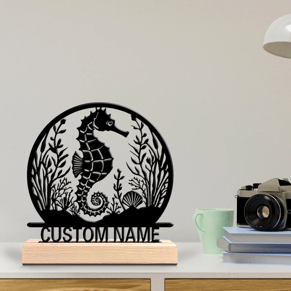 1pc Seahorse Custom Name Tin Statue Metal Ornament Handicraft With Wood Base Iron Statue With Wood Base For Home Desk Decor