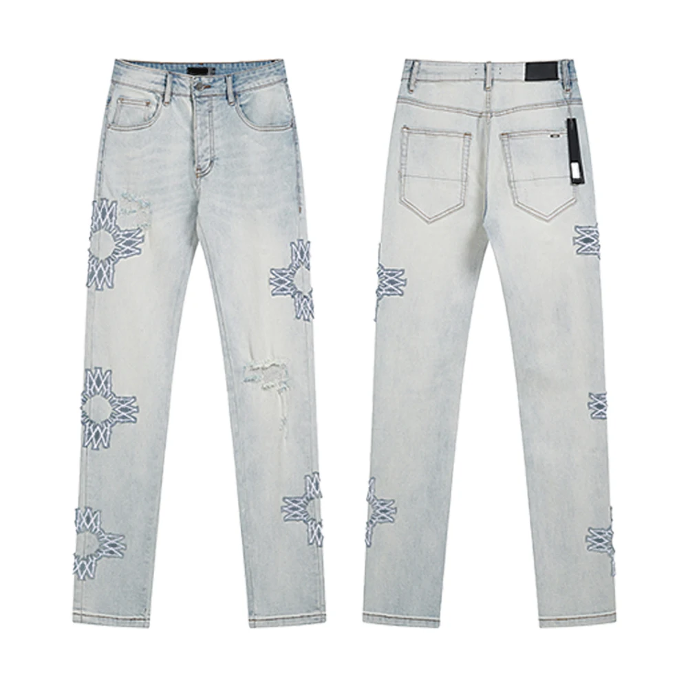 ロック復活ジーンズストリートスタイルファッション刺繍リッピングカジュアルスリムフィットジーンズストリート服レトロヴィンテージパンツ男性用