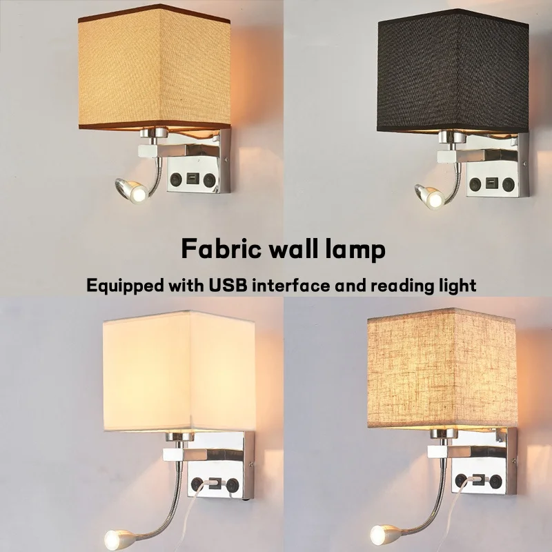 Lámparas de Pared LED Modernas con Interruptor, Luces de Lectura USB, Arte Textil, Retro, para Hogar, Estudio, Dormitorio, Hotel, Lámpara de Noche