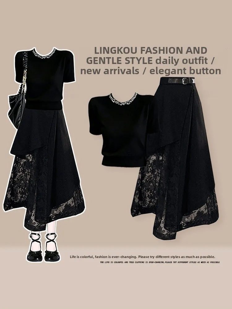Summer New Hepburn Style Women's Knitted round Neck Set High Waist  Skirt Slimming Effect Two-Piece Suit Casual Fashion