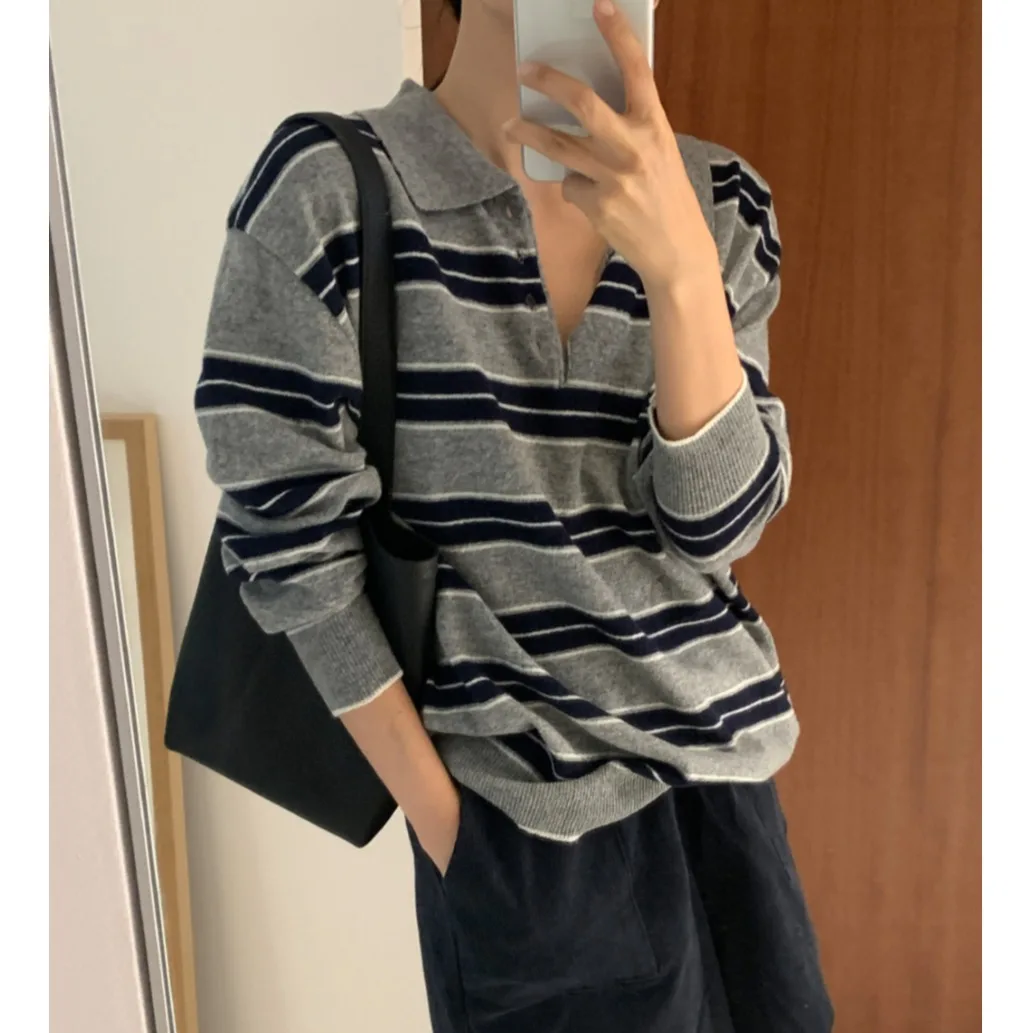 

Женский вязаный свитер ort Sle на пуговицах в полоску, повседневный модный отложной воротник, универсальный East Gate INS Sle