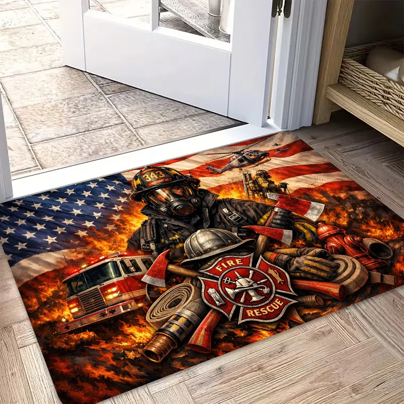2D‑Printed Firefighter Rescue Themed Rug, Decor for Foyer, Bedroom, Balcony, Indoor‑Outdoor Parties
