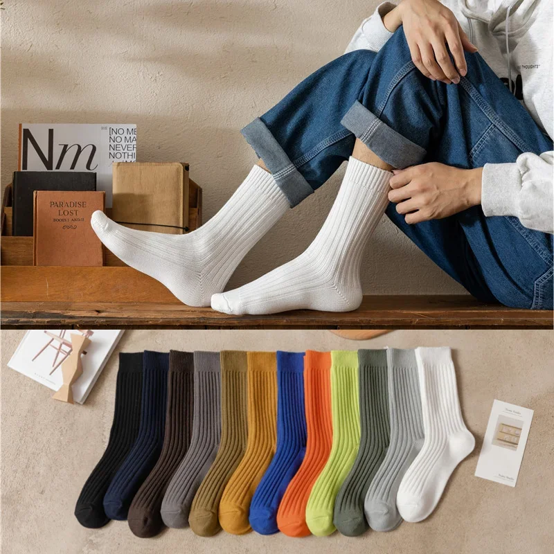 

1/3 пары толстых вязаных хлопковых носков средней длины, свободные носки для мужчин и женщин, однотонные и с двойной полоской (размеры EU 36-44)