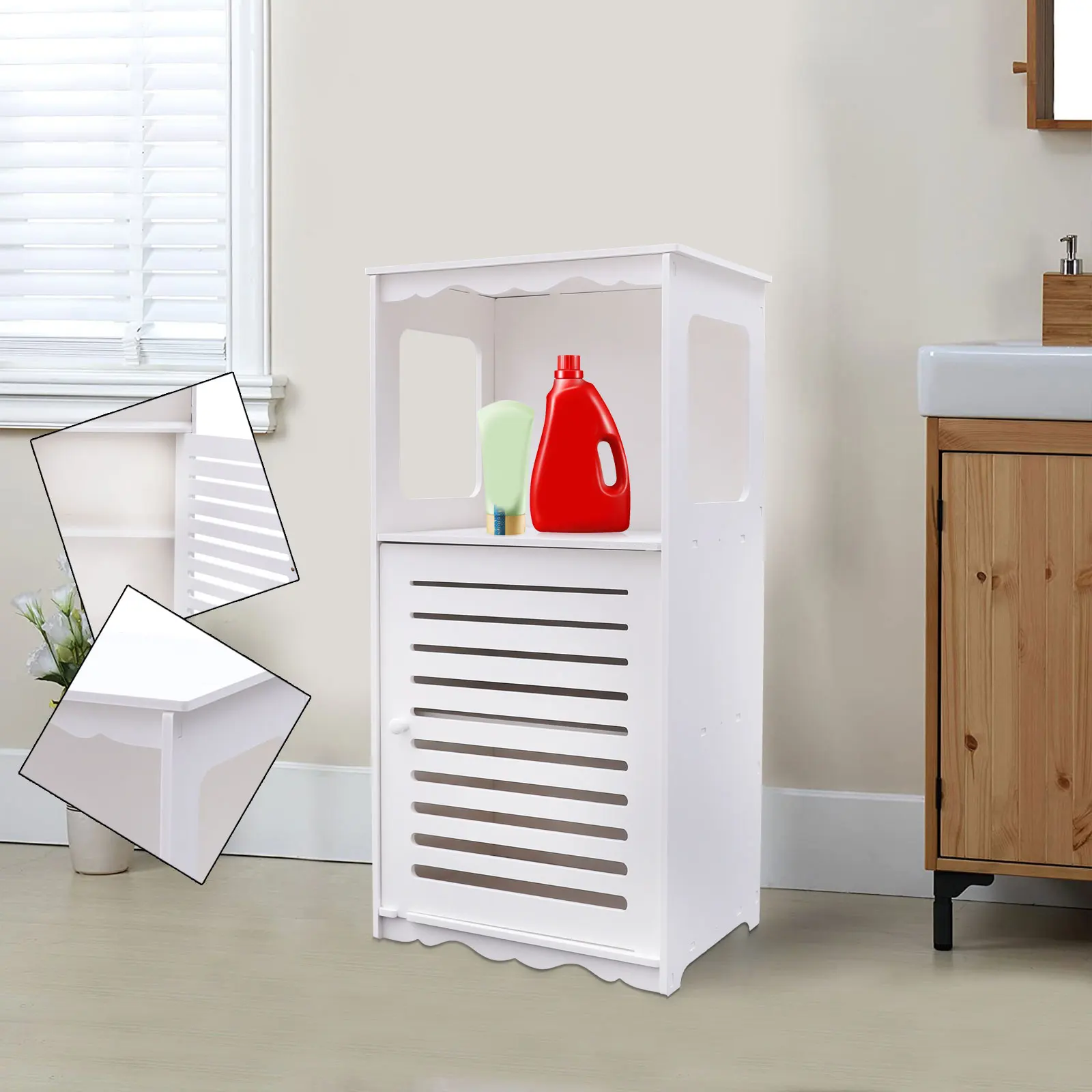 Modern Bathroom Shelf Cupboard Home Storage Standing Bathroom Sideboard with 1 Open Compartment and Doors