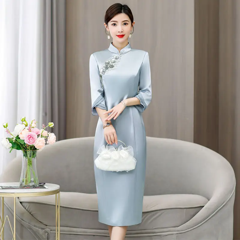 

Yourqipao Chinese Wedding Banquet Dress Satin Cheongsam Evening Dresses Mother Of The Bride Gowns Long Women Wedding Party Dress