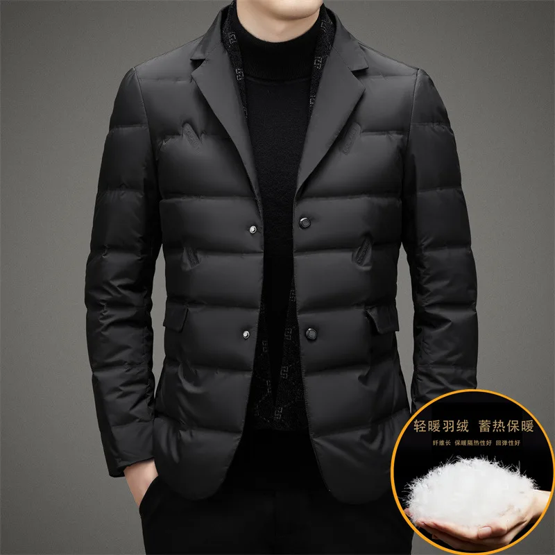 Winter new men's suit collar down jacket light luxury fashion thermal belt scarf casual down suit jacket men