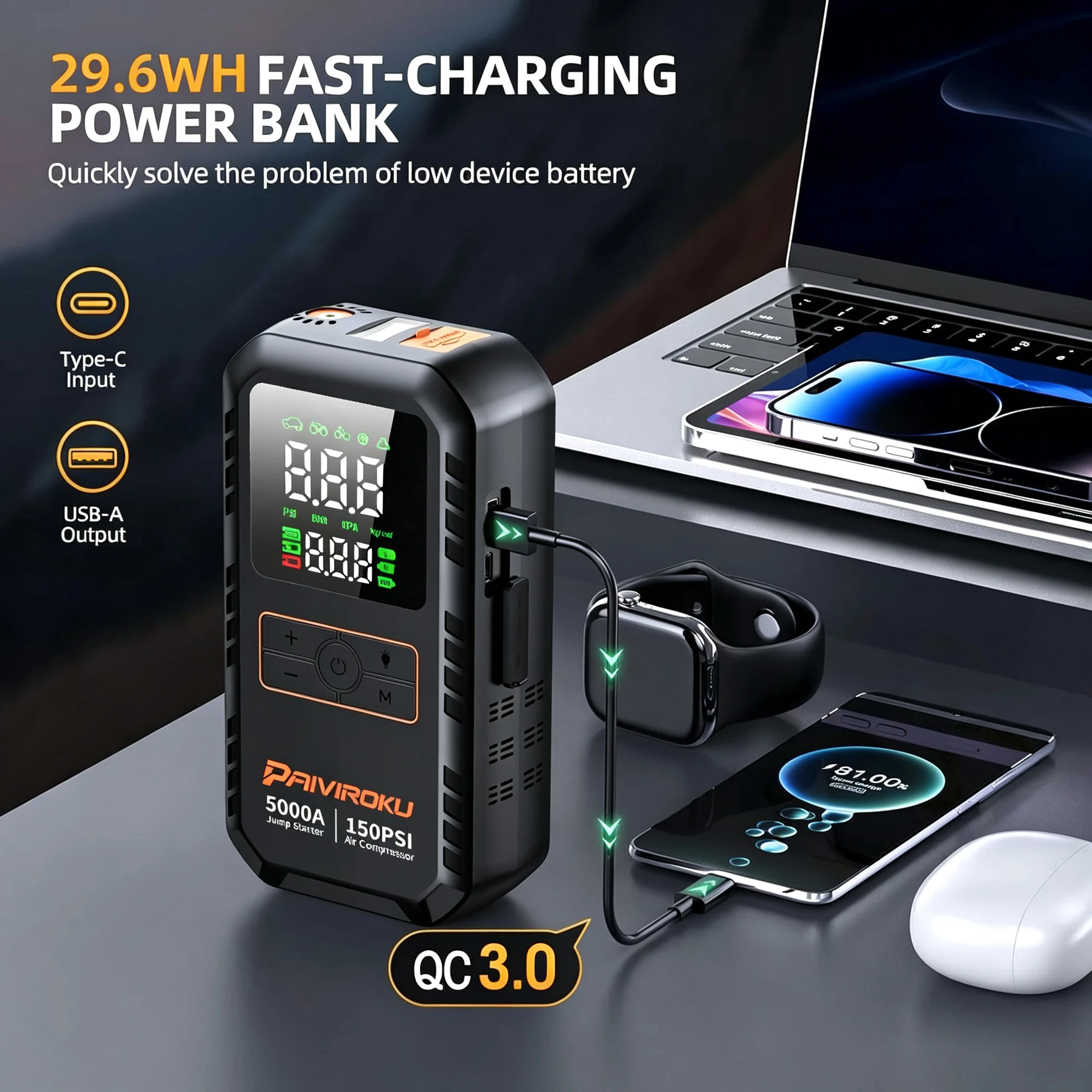 5000A Car Battery Jump Starter with Air Compressor 150PSI Air Pump 12V Auto Battery Booster Power Bank Portable Tire Inflator view 6