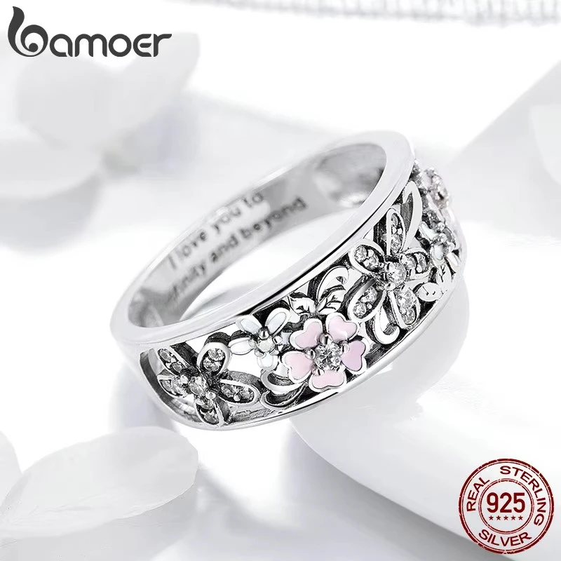 Bamoer 925 Sterling Silver Daisy Flower & Infinity Love Pave Finger Rings dla kobiet biżuteria zaręczynowa ślubna SCR390