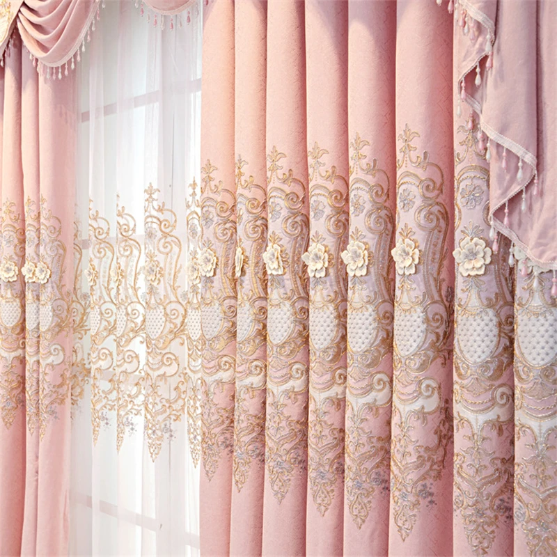 HQYQJJHYR European High Quality Pink 3D Embroidered Blackout Curtains For Living Room Bedroom Luxury Custom Villa Curtains