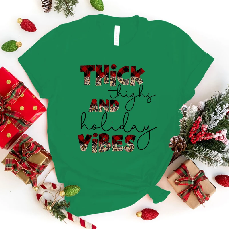 Funny Christmas Thick Thighs And Holiday Vibes Letter Printed T-Shirts For Women Summer Short Sleeve Round Neck Cute Christmas T