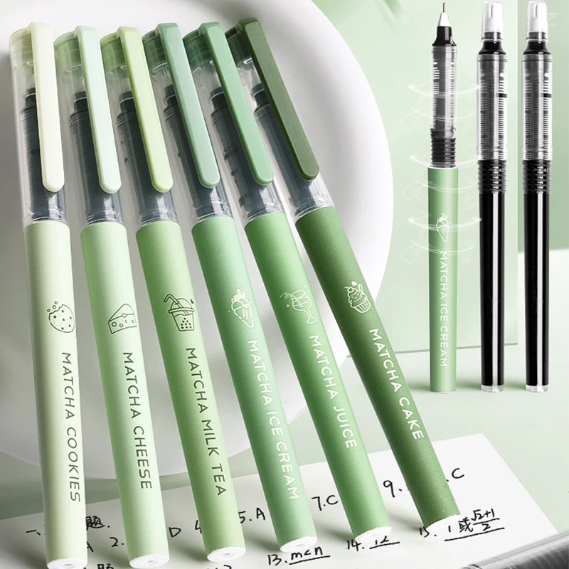 6 buah/set Matcha cookie cepat kering 0.5mm Roller Pen kapasitas tinggi tinta hitam lurus cair Rollerball Gel alat tulis sekolah