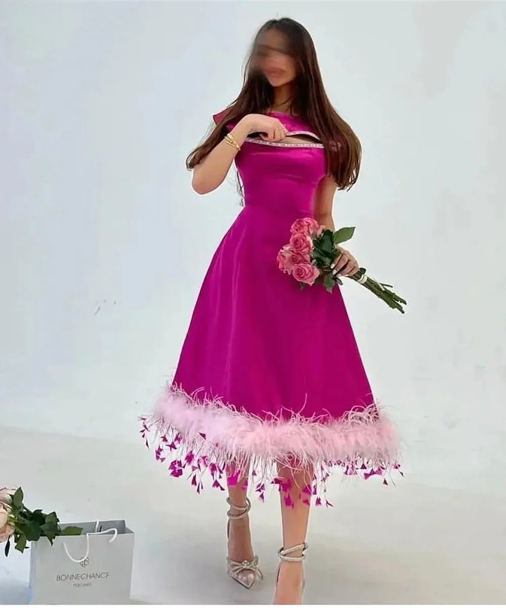 Prom Dress Mode Roze Hoge Hals Veren Lovertjes Een Lijn Avondjurk Thee Lengte Elegante Formele Prom Gown Vestidos