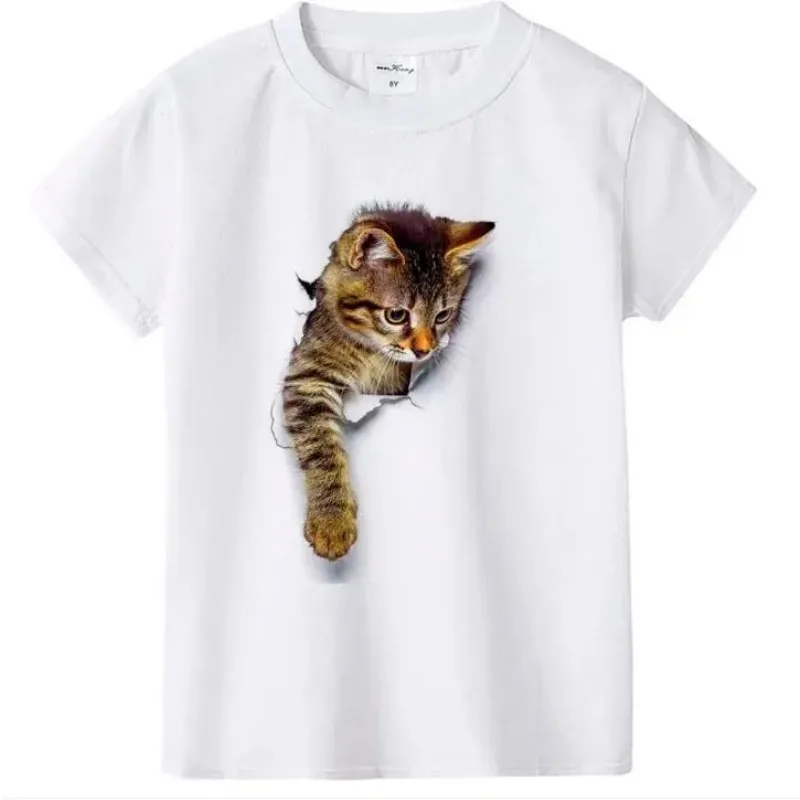 Camiseta de manga corta con estampado 3d de gato para niños y niñas, ropa de bebé, Tops de marca, Verano