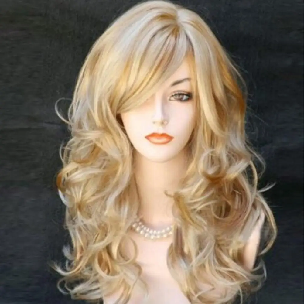 

60cm Women Synthetic Hair Yellow Wine Red Blonde Wavy Synthetic Long Wig with Bangs High Temperature Fiber Ladies Curly Hair