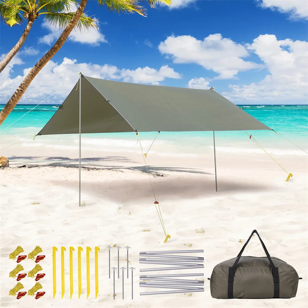 

Beach Tent Sun Shelter with Ground Pegs and 2 Aluminum Poles, Waterproof Beach Tent Sun Shade for Beach,Camping,Picnics,Hiking