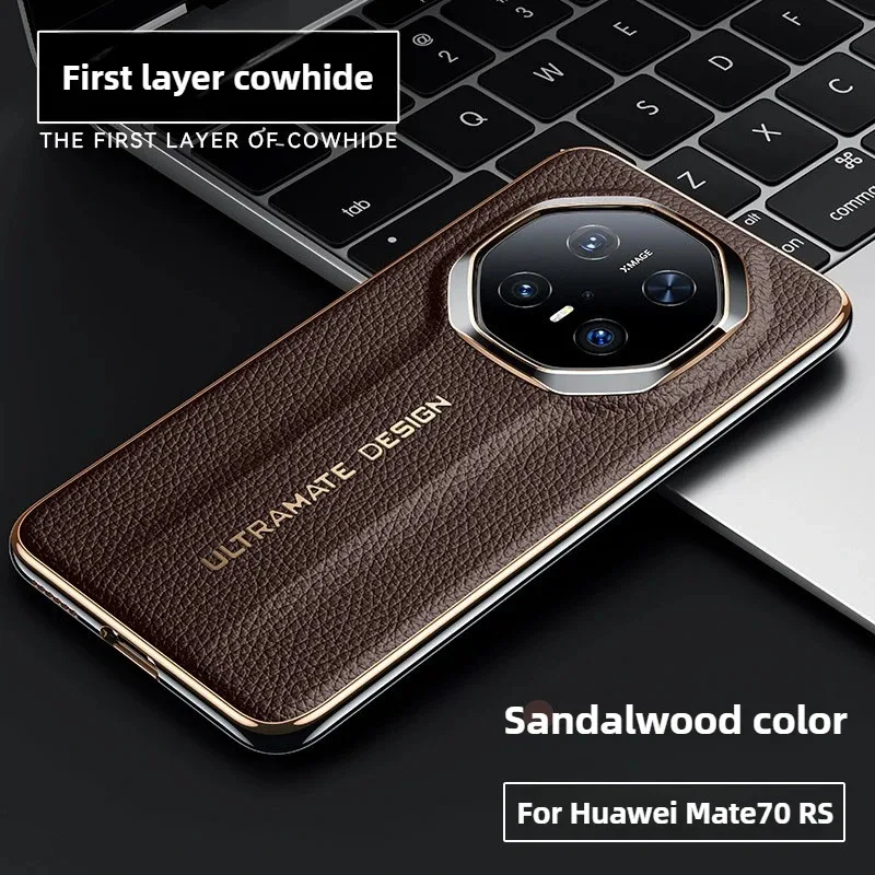 Genuine Leather Lychee Texture For Huawei Mate70 RS Case Electroplated Black Gold Frame Lens Large Hole Phone Cover