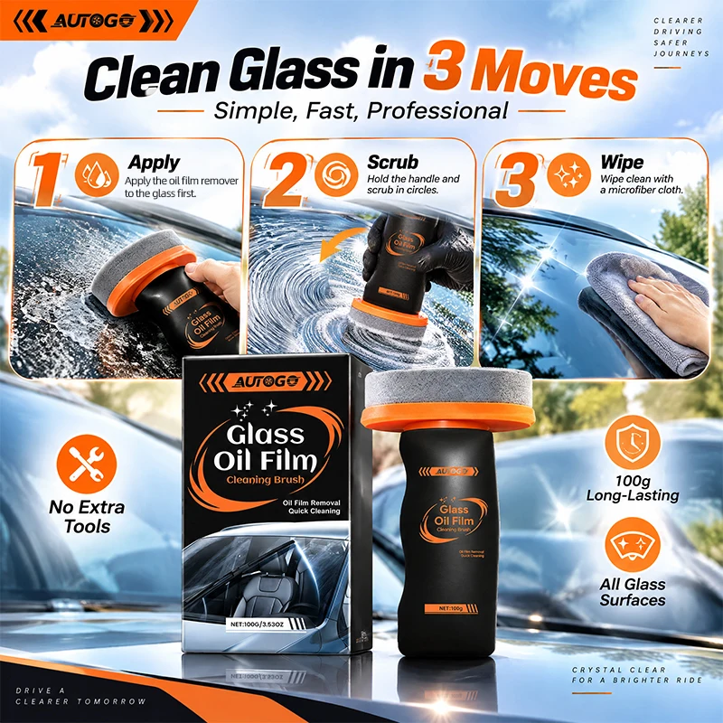 Glass Oil Film Cleaning Brush 100g, Car Windshield Oil Film Remover with Built-In Brush, Scratch-Free Scrub Restores 99% Clarity