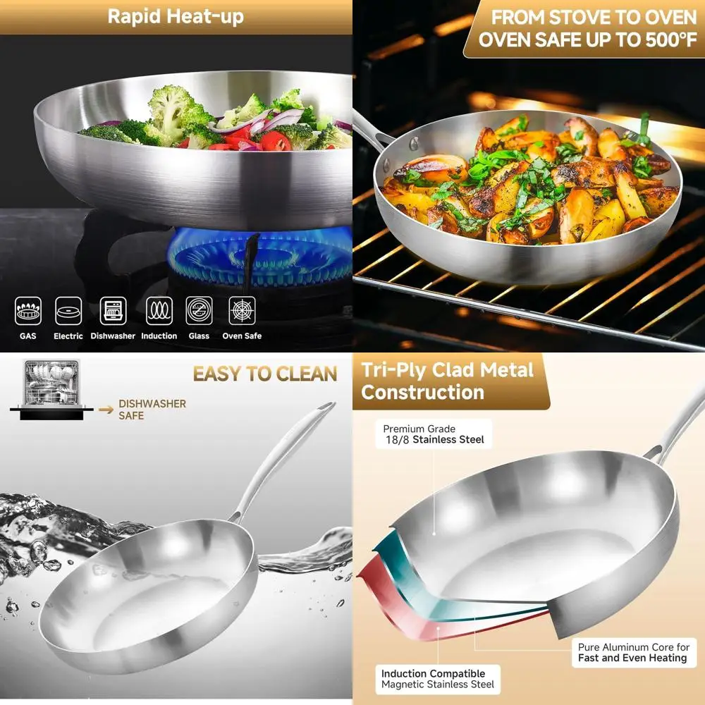 

8.5-12 Inch Tri-Ply Stainless Steel Frying Pan Set with Lids, Skillets, Induction-Ready, Dishwasher & Oven Safe, Removable Handl