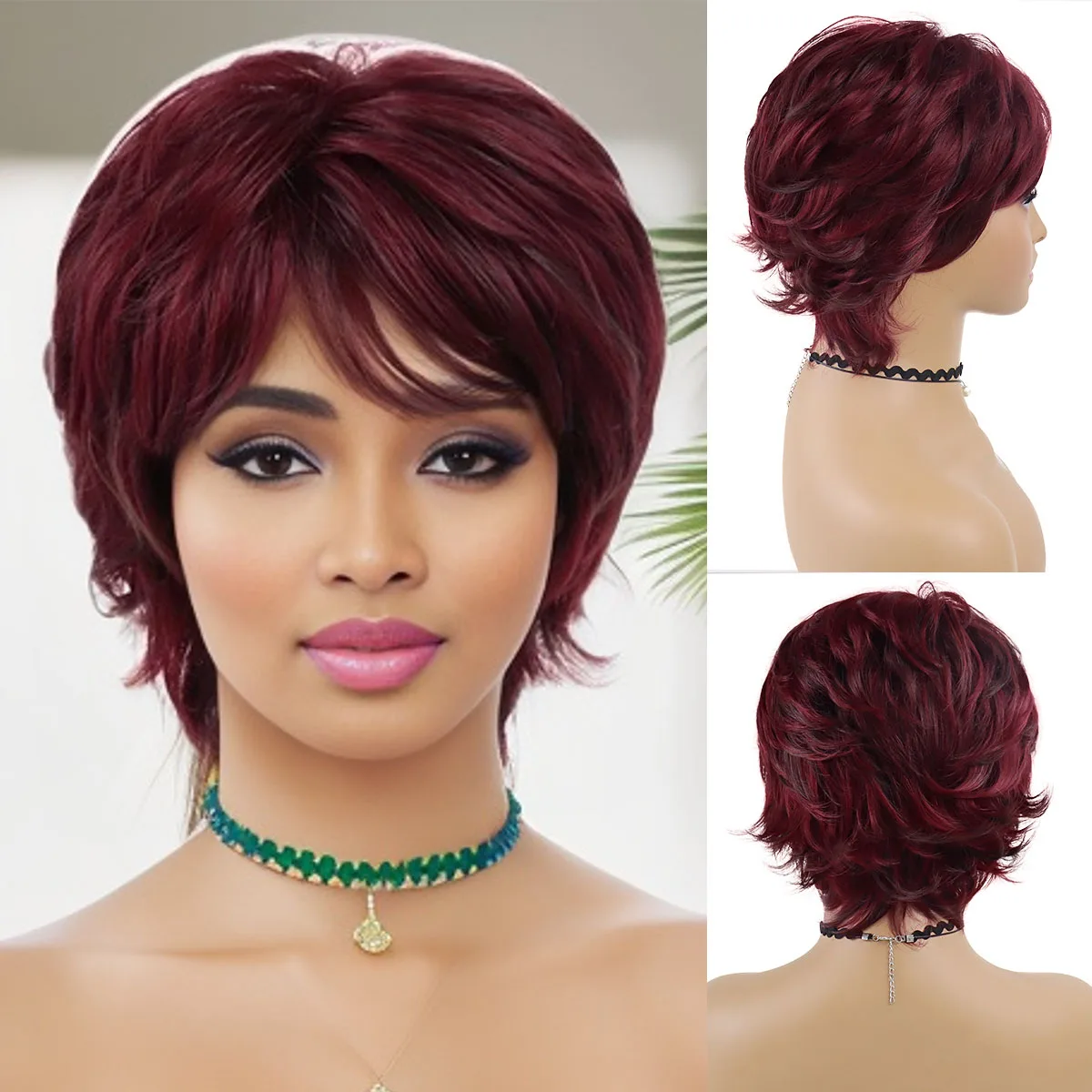 Wig rambut merah sintetis untuk WANITA HITAM potongan rambut pendek tarikan anggur merah Wig ibu dengan poni tahan panas potongan Pixie lurus