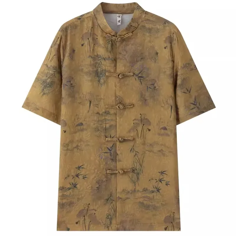 

Vintage Jacquard Tang Costume Shirts For Men Short Sleeve Frog Summer Quality Smooth Comfortable Chinese Style Camisas De Hombre