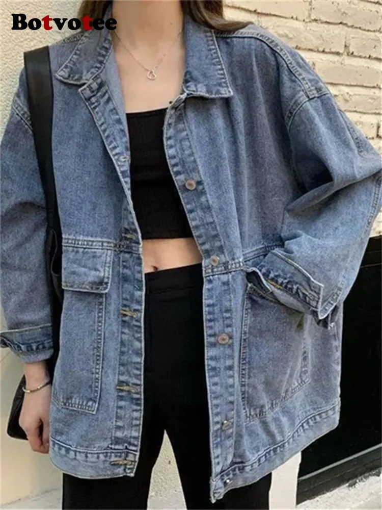 Botvotee 2025 Fall Winter Oversized Boyfriend Denim Jacket Korean Streetwear Style with Utility Pockets & Mid-Length Silhouette