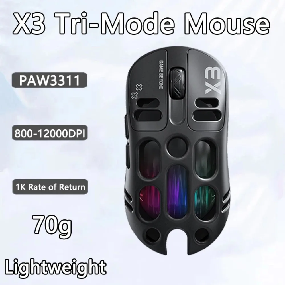 

X3 Wireless Gaming Mouse PAW3311 Lightweight Hollow Tri-Mode BT/2.4G/Wired RGB 12000DPI Macro E-Sports Gamer Mouse