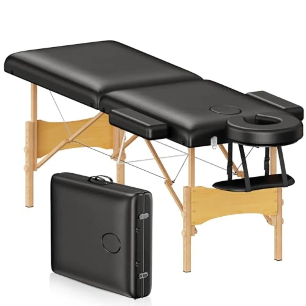 Massage Table Portable Wooden Lash Bed 2-Fold Tattoo Bed Black | Adjustable Height, Beech Wood, 490Lbs Load Capacity