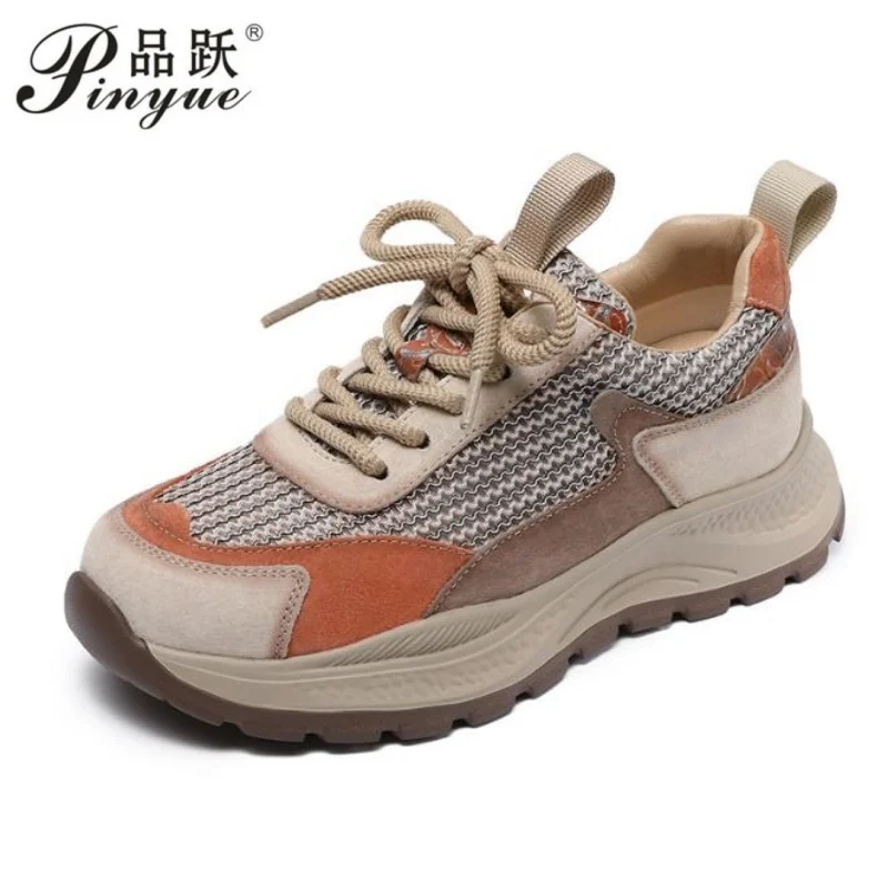 

Women Casual Sneakers Summer Mixed Colors Genuine Leather Breathable Mesh Thick Bottom Platform Lightweight Shoes 35-40