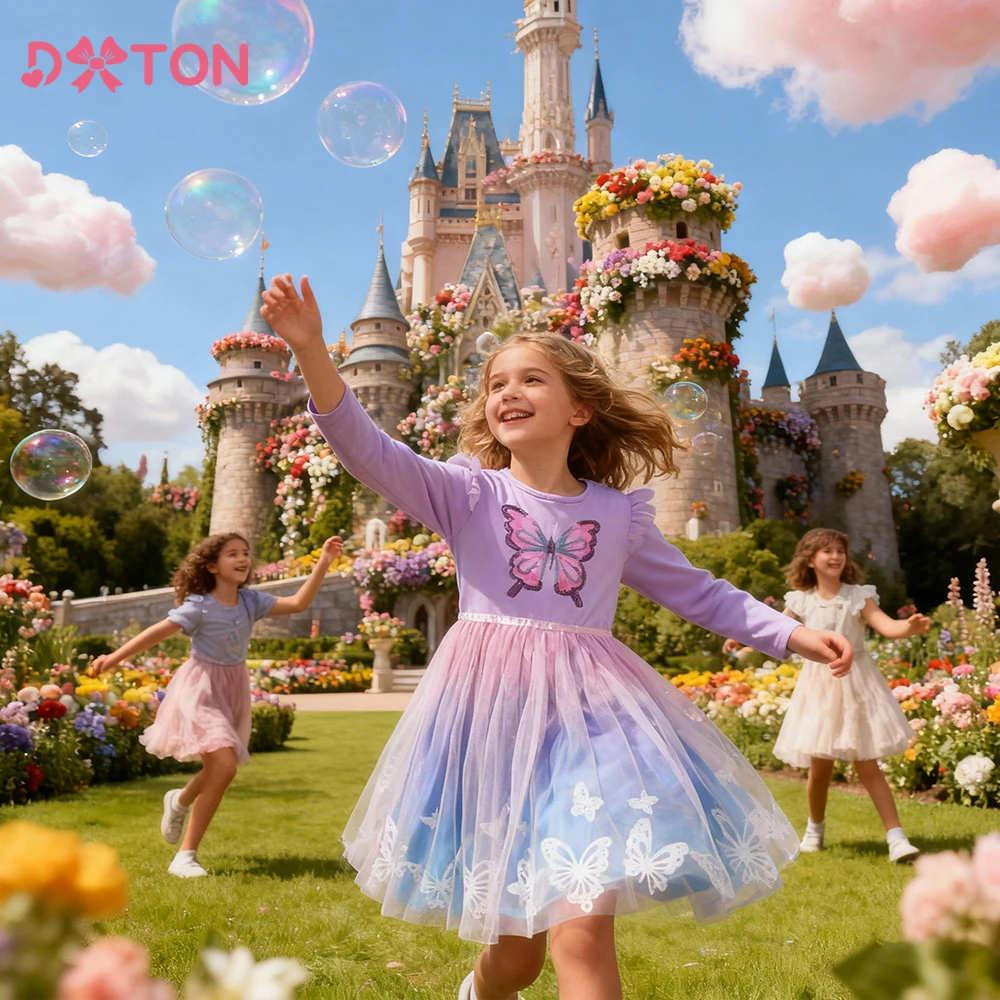 DXTON التدرج تول الأميرة بنات فساتين الفراشات المطبوعة حديقة منزل ملابس الحفلات الأطفال الخريف الزي فستان أطفال #1