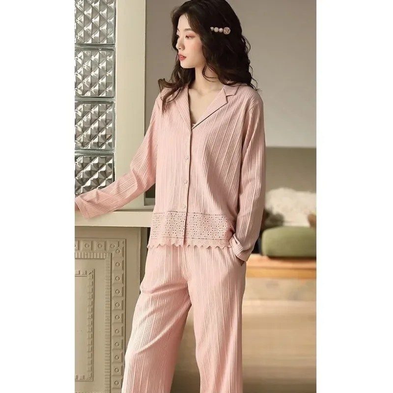 

Korean Version Extra Large Loose Leisure All Cotton Housewear Set Pajama Cotton Pajamas Female Spring and Autumn Long Sleeve