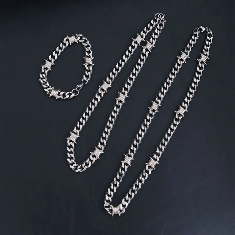 Titanium Steel Cuban Bracelet Neo-Gothic Chain Collar Barbed Wire Necklace Punk Style Silver Thorns Choker Necklace Jewelry Gift
