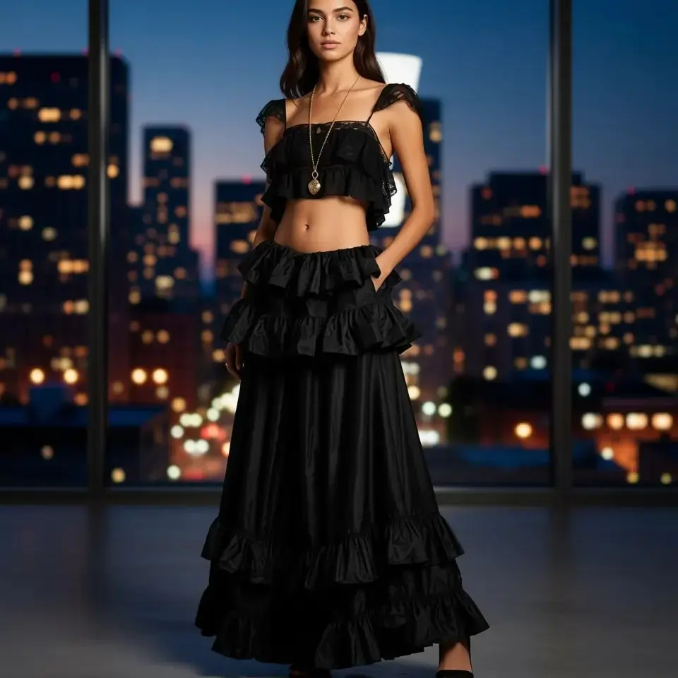 

Черная длинная макси-юбка с рюшами, многослойное многоуровневое платье с оборками и высокой талией, эластичное вечернее платье длиной до пола со скрытым карманом, стиль Барби