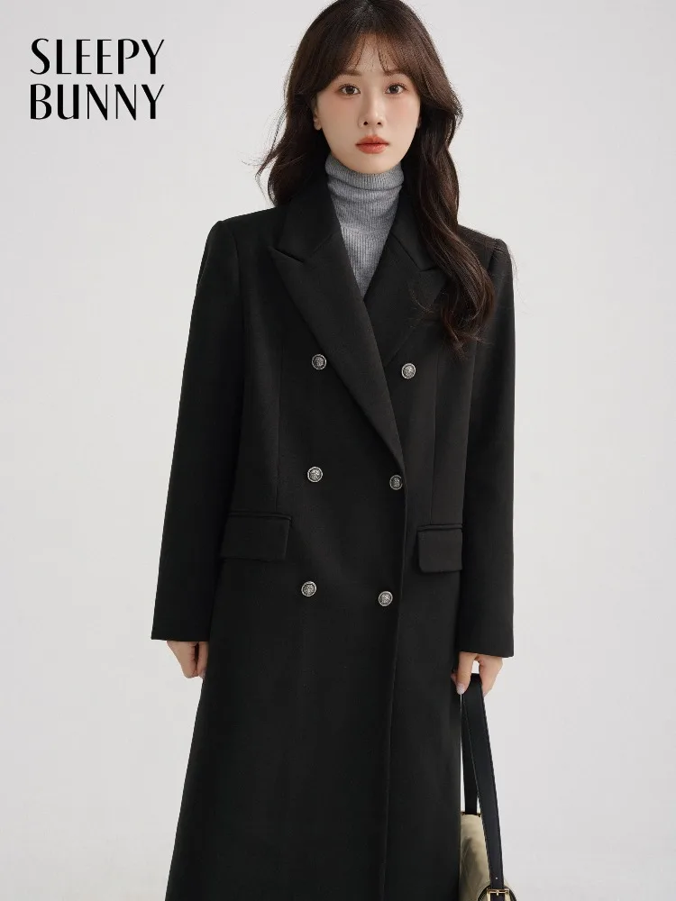

Elegant Wool-Like Long Coat Retro Black Winter Overcoat for Women Slim Fit Mid-Length Warm Outerwear with Lapel Double-Breasted